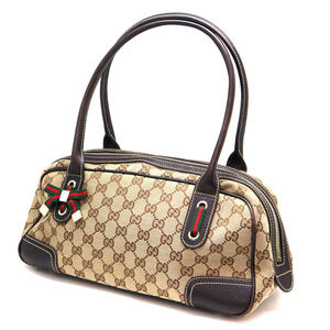 GUCCI Boston Bag Leather Canvas Brown Tan